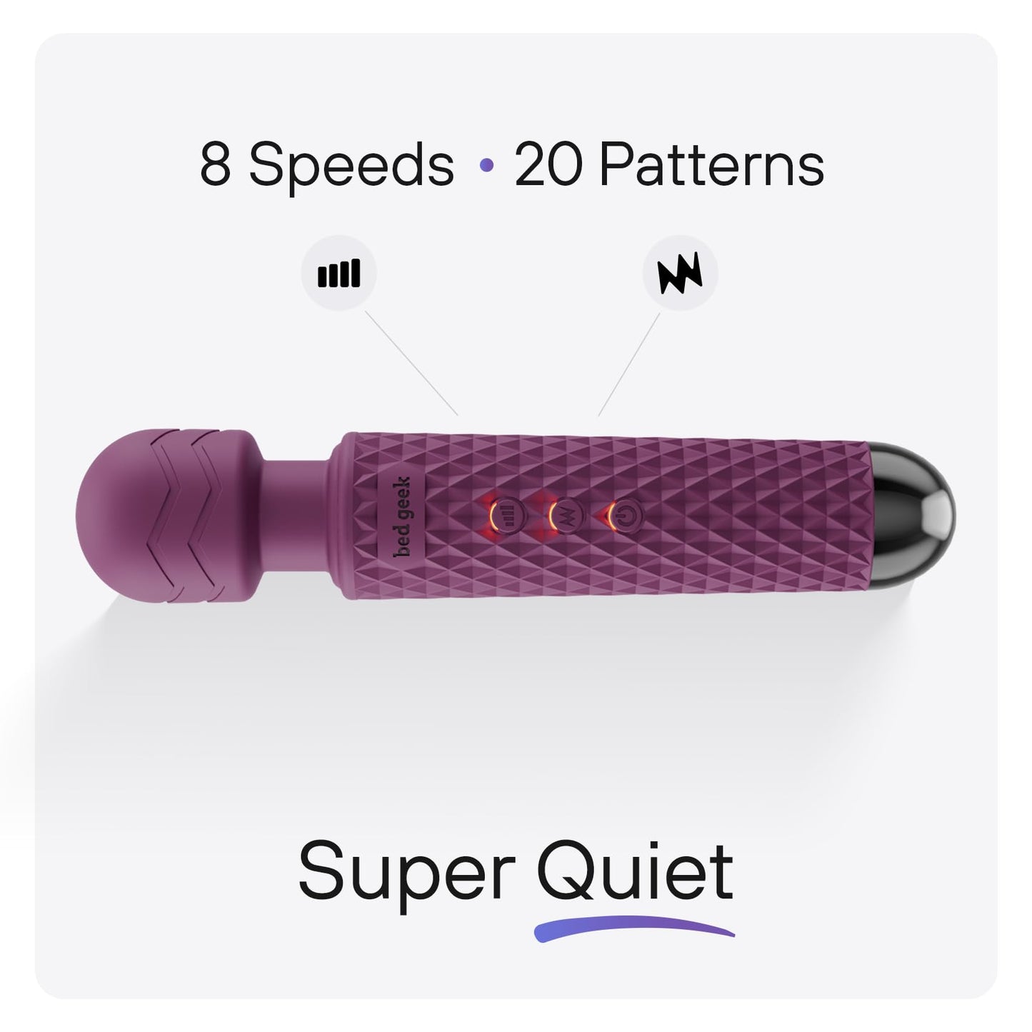 bed geek Handheld Cordless Personal Wand Massager – Waterproof, USB Rechargeable, 20 Vibration Patterns, 8 Speeds, Memory Feature, Skin-Soft Silicone for Ultimate Relaxation Tool (Purple)