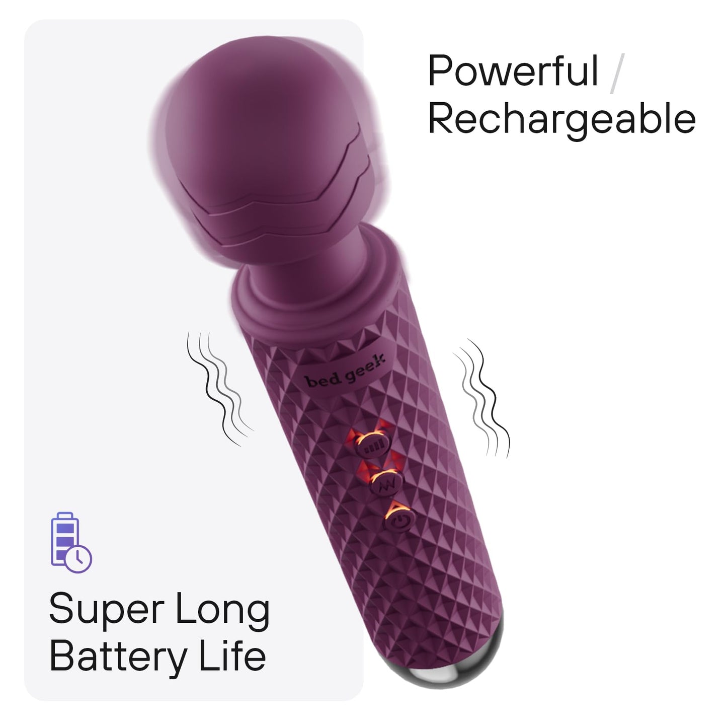 bed geek Handheld Cordless Personal Wand Massager – Waterproof, USB Rechargeable, 20 Vibration Patterns, 8 Speeds, Memory Feature, Skin-Soft Silicone for Ultimate Relaxation Tool (Purple)