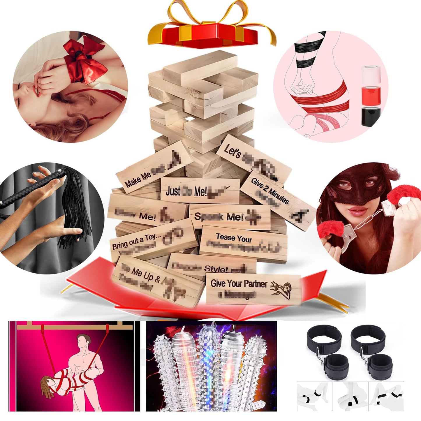 Lust Tower -Naughty Block Tower Stacking Games for Party Game Lovers Couples Today Adult Tool for Women and Man Fun Date Night Activities (48Pcs +Adult Toys Gift/7Pcs)