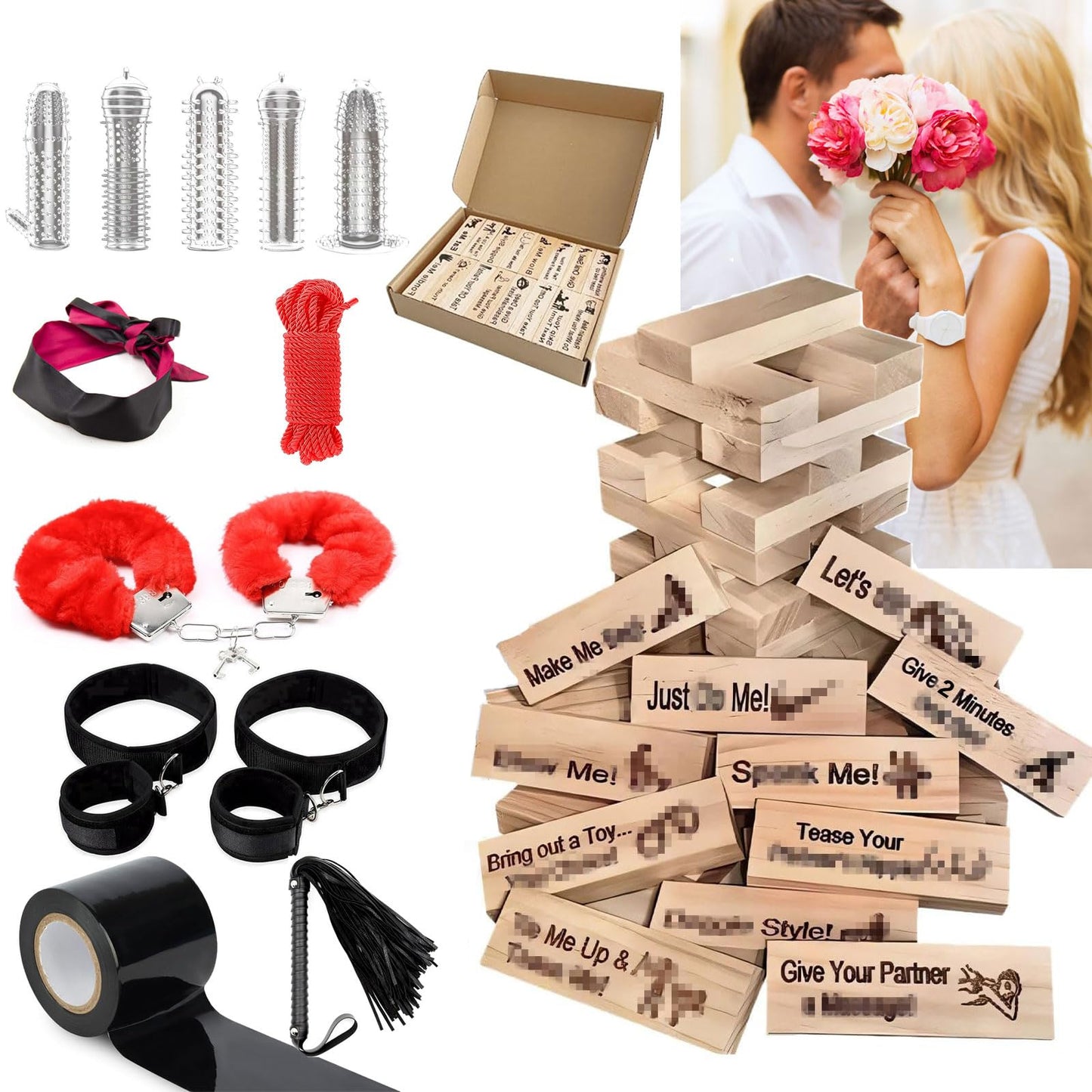 Lust Tower -Naughty Block Tower Stacking Games for Party Game Lovers Couples Today Adult Tool for Women and Man Fun Date Night Activities (48Pcs +Adult Toys Gift/7Pcs)