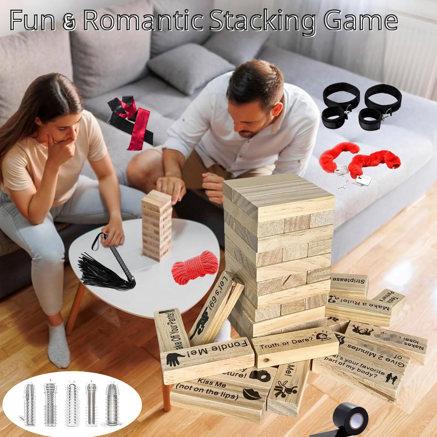 Lust Tower -Naughty Block Tower Stacking Games for Party Game Lovers Couples Today Adult Tool for Women and Man Fun Date Night Activities (48Pcs +Adult Toys Gift/7Pcs)